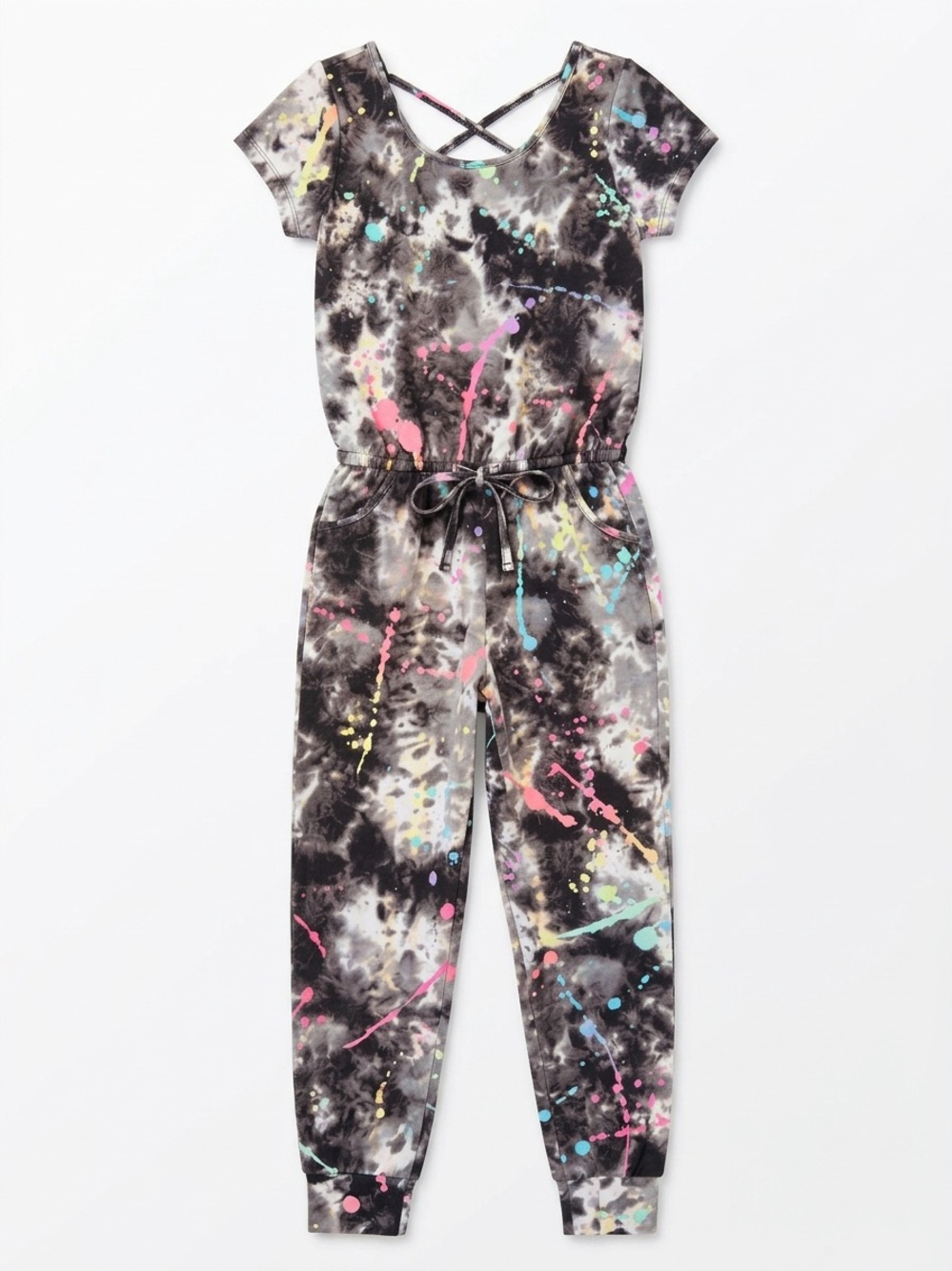 Pixie Lane Girls Black Tie-Dye Splatter One-Piece Jumpsuit Size 7